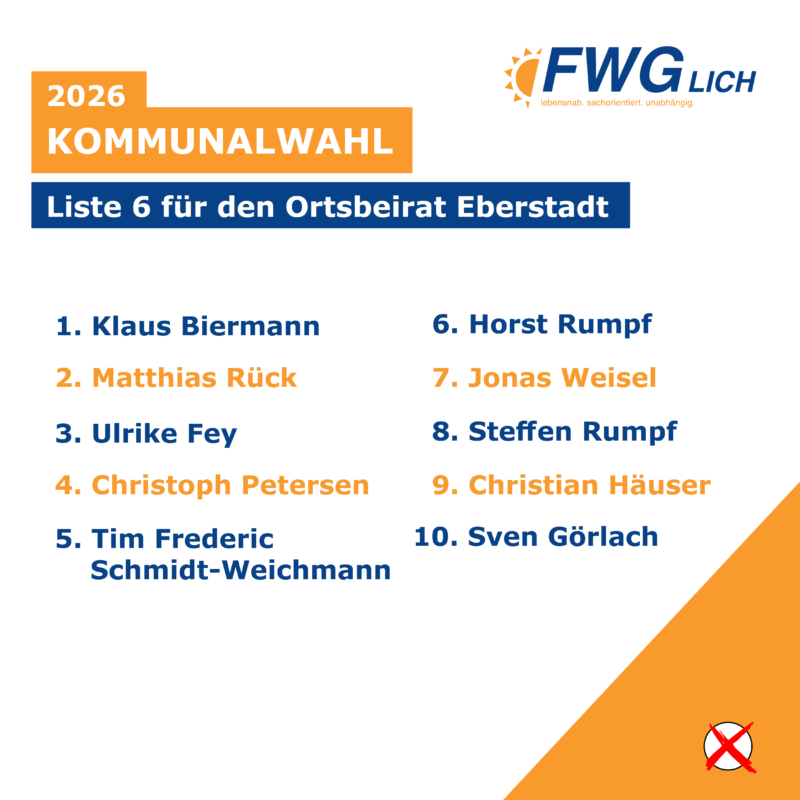 Liste der FWG Lich für den Ortsbeirat Eberstadt für die Kommunalwahl 2026
